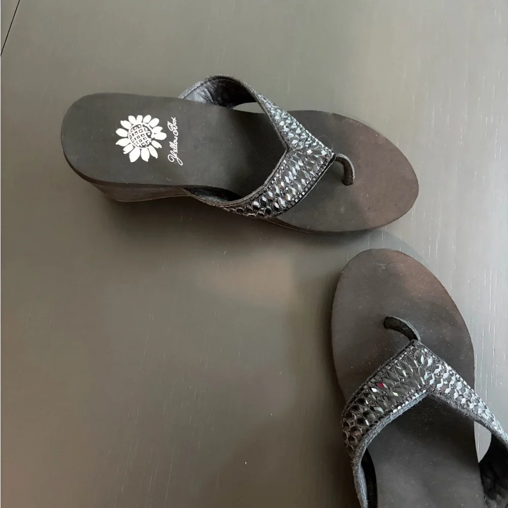 Yellow box wedge flip flops